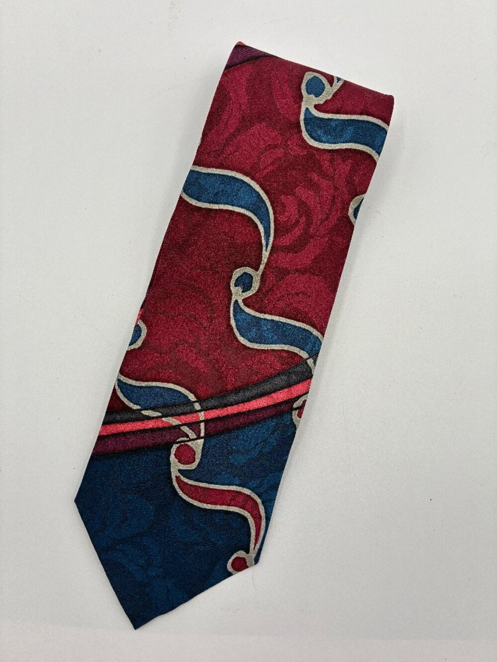 Vtg Robert Daskal Tie 100% Silk Hand Painted Abstract Burgundy Blue Print USA